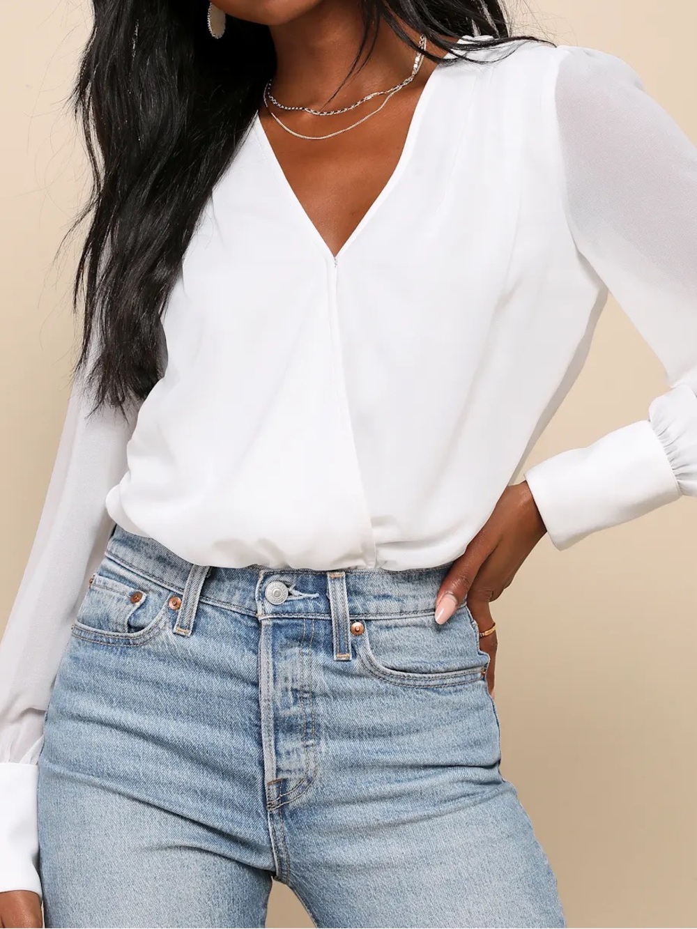 Lulus White Sophisticated Aspect Ivory Chiffon Surplice Bodysuit – Size M